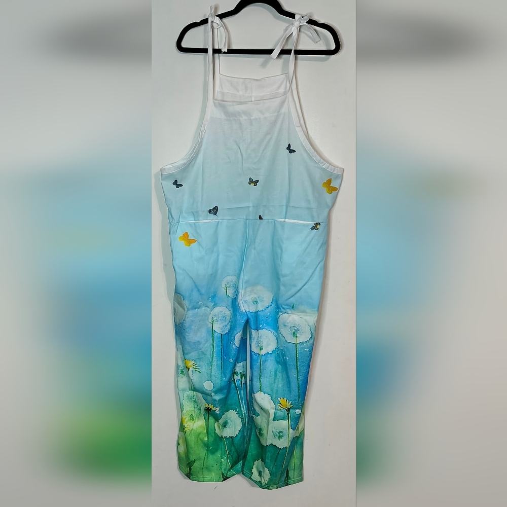 Blue Sleeveless Jumpsuit with Butterfly and Dandelion Print